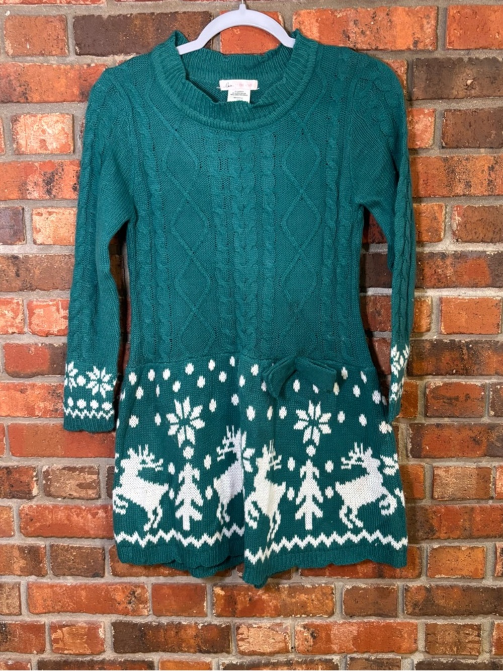 Love to be loved girls cable knit reindeer christmas sweater dress green 12